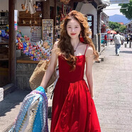 沐霓云南大理穿搭法式紅色吊帶連衣裙女性感露背適合海邊度假拍照裙子 法式吊帶連衣裙紅色M 85-100斤