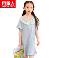 南極人女童睡裙短袖純棉兒童公主睡衣夏季中大童女孩薄款母女親子家居服連衣裙 雙層領(lǐng)淺藍 140（建議身高126-135CM）