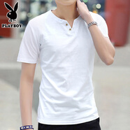 花花公子（PLAYBOY）潮流男士短袖t恤純棉V領(lǐng)2025新款上衣服男裝夏季半袖體恤打底長袖 短袖扣子白色 XL