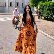 樂卡利海邊沙灘裙連衣裙吊帶女夏季長(zhǎng)裙子度假氛圍海島旅游穿搭波西米亞 橘色V領(lǐng)印花吊帶長(zhǎng)裙 M 90-105斤