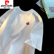 皮爾卡丹（pierre cardin）刺繡重磅純棉短袖T恤男潮牌ins寬松體恤美式楓葉繡花體恤上衣 白色  XL 140斤-170斤