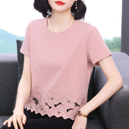 恰凡短袖t恤女新款2025夏裝減齡時尚鏤空半袖小衫中老年顯瘦純色上衣 粉色 L 建議105-115斤