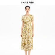 naersiling時(shí)尚氣質(zhì)印花連衣裙2025年秋季新款女 淺黃色 2XL