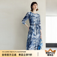 顏域圓領(lǐng)七分袖連衣裙春裝女2024年新款中長(zhǎng)款連身裙時(shí)尚氣質(zhì)裙子 藍(lán)花 XL