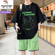 啄木鳥（TUCANO）短袖男套裝夏季2025新款t恤男冰絲涼感寬松青少年一整套穿搭帥氣T 2508黑色套裝 XL 【約120-140斤可穿】