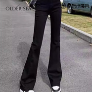 OLDER SEA黑色微喇叭牛仔褲夏季女2025新款女士高腰顯瘦彈力喇叭馬蹄褲子女 黑色 M 建議95-105斤