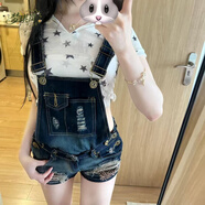 夢琪嵐美式復古y2k辣妹2025夏季新款水洗牛仔背帶褲女破洞連體褲百搭潮 藍色 M 建議90-105斤
