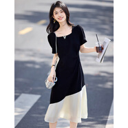 燕潯法式優(yōu)雅赫本風連衣裙女夏季2025新款女裝收腰顯瘦撞色拼接裙子女 黑色 L 建議103-116斤