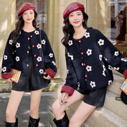 木清清設計感撞色拼接立體花朵小香風毛呢外套女歐洲站2025秋季新款上衣 藏青色【面料升級版】 M