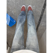 卡圖弛閃電竹節紋微喇牛仔褲男夏季寬松潮流直筒美式高街vibe工裝褲子 藍色 L 【建議100-130斤】