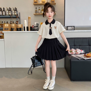 G.DUCKKIDS女童夏季套裝2025新款潮流時髦童裝女孩學院風半身裙中大兒童夏裝 小熊兩件套裙 160