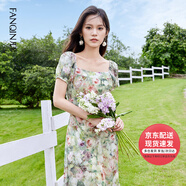 凡琴慵懶度假風(fēng)連衣裙一字肩荷葉裙擺泡泡袖高腰A字裙 豆綠花卉 M