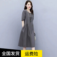 夏典素訂女王棉麻連衣裙女2025年夏季新款寬松遮肚子顯瘦洋氣減齡夏天薄款 灰色 [棉麻】 XL 建議115-130斤