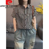 皮爾卡丹大碼夏季遮肚格子短袖襯衫女胖mm小衫顯瘦感寬松獨特別致上衣 黑色【今年流行漂亮/上衣輕熟法 L 建議100-118斤