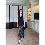 郭九九呢 天絲亞麻V領(lǐng)顯瘦無(wú)袖上衣印花斜裁半身裙 G925A06672-1 套裝（無(wú)袖上衣+半身裙） S