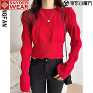 SNYDER WEAR2025年新款女裝春秋季圓領(lǐng)泡泡袖針織打底衫麻花保暖毛衣內(nèi)搭上衣 紅色 均碼 （70-125斤可穿）