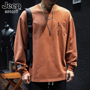 JEEP SPIRIT吉普復古水洗長(cháng)袖t恤男女春秋季純棉打底衫LOGO刺繡寬松體恤上衣 紅色 M 適合110-130斤