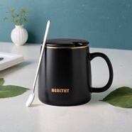 瓷魂陶瓷馬克杯帶勺蓋咖啡杯牛奶杯早餐杯辦公杯男女茶杯黑色400ml