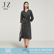 玖姿（JUZUI）真絲彈力緞印花裙女裝秋款撞色幾何氣質(zhì)收腰連衣裙 花黑 L
