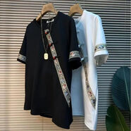 南極人（Nanjiren）新中式國風(fēng)2025夏季新款拼接撞色別致刺繡短袖T恤男女圓領(lǐng)上衣潮 白色 M 【建議86-100斤】