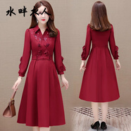 水畔衣人高檔襯衣領(lǐng)連衣裙女2025春秋季新款時(shí)尚媽媽裝中長(cháng)款修身顯瘦裙子 紅色 M 【建議90-100斤】