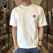 花花公子（PLAYBOY）2025夏季新款男士短袖上衣休閑圓領體恤寬松純棉百搭運動T恤 白色T恤【小標MR2E】 XL 125-140斤左右