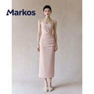 Markos國際品牌2025新款時尚夏季女士新色抽褶開衩修身顯瘦吊帶連衣裙 淺粉  S