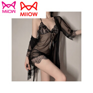 貓人（MiiOW）性感睡女2025新款絲綢蕾絲睡裙輕奢帶胸墊內(nèi)吊帶網(wǎng)紗套裙 黑色睡裙+外袍 L