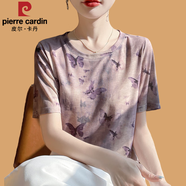 皮爾卡丹（pierre cardin）夏季桑蠶絲短袖t恤女裝大碼顯瘦2025款圓領(lǐng)印花洋氣寬松上衣小衫 蝴蝶蹁躚 XL 建議120-130斤