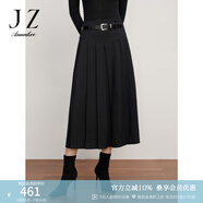 玖姿·安娜蔻通勤皮質(zhì)腰帶輕熟風(fēng)壓褶百褶半身裙女冬款 素黑 M