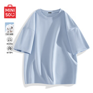 名創(chuàng)優(yōu)品（MINISO）純棉中袖男2025夏季簡約百搭寬松潮多巴胺色系純色短袖T恤男大碼 【100%純棉】冰川藍(lán)(純色) XL 180 (不起球不掉色)