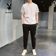 花花公子短袖T恤男休閑套裝夏季冰絲圓領(lǐng)半袖男t恤上衣服褲子一套男裝衣服 CY855白色 M/165