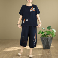 俞兆林（YUZHAOLIN）老年媽媽夏裝2025新款文藝休閑短袖棉麻套裝洋氣時尚寬松兩件套 藏青色 2XL (建議110-125斤）