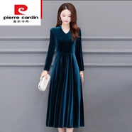 皮爾卡丹（pierre cardin）【輕奢】22年金絲絨洋氣連衣裙冬季冬長(cháng)裙子打底旗袍遮肚氣質(zhì)加厚 孔雀藍 XXS 【發(fā)繩一條】