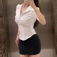 苜戈收腰灰色襯衫職業(yè)工作服女設(shè)計感修身性感秘書短袖襯衣OL制服套裝 白色短袖襯衫+黑色包臀裙 套裝 S