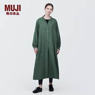 無印良品（MUJI）女式 木棉混雙層紗織長袖連衣裙長裙裙子襯衫裙 BC2IOC4S 煙熏綠色 L 165/88A