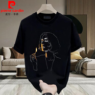 皮爾卡丹（pierre cardin）夏季新款潮牌印花寬松休閑重磅純棉短袖T恤青年男女百搭上衣 黑色【前中大圖K3032 線條頭像點 S 建議90-100斤