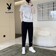 花花公子潮牌短袖t恤男夏季時尚衣服長褲男裝兩件套仿亞棉麻休閑運動套裝 CJ8908白色 4XL （160-180斤）