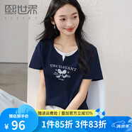 熙世界sllsky2025夏季新款美式復(fù)古假兩件T恤女短袖休閑圓領(lǐng)印花上衣 寶藍(lán)色 S