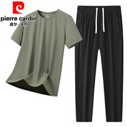 皮爾卡丹（pierre cardin）短袖男套裝夏季薄款涼感透氣冰絲t恤男士休閑寬松短袖長(zhǎng)褲兩件套 散口/軍綠 L 建議90-105斤