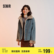 森馬（Semir）牛仔棉服女拼接毛領(lǐng)美式復(fù)古2024冬寬松毛邊夾克街頭109724108017