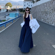 爾山集藏青色辣妹工字吊帶連衣裙女夏季修身大擺裙子設計感收腰a字長裙 藏藍色 M