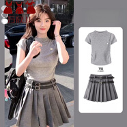 萬(wàn)欣兒夏季小個(gè)子顯高俏皮活潑減齡洋氣鹽系學(xué)院風(fēng)上衣百褶短裙套裝女 灰色上衣+百褶裙 【兩件套】 XL 建議121-135斤