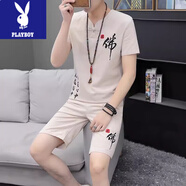 花花公子（PLAYBOY）夏季中國風(fēng)亞麻套裝男漢服棉麻短袖t恤唐裝古裝中式 刺繡棉兩件套 920佛 杏色（上衣 ＋短褲） M 85-105斤