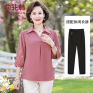 俞兆林中老年女裝夏季新款套裝女中年婦女雪紡老年人衣服兩件套媽媽夏裝 FT256 豆沙色（上衣+黑色松緊褲） 2XL （100-120斤）