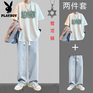 花花公子純棉短袖t恤男款夏季寬松半袖青少年上衣搭配牛仔褲潮牌2件套裝 白色短袖+淺藍色牛仔褲 贈項鏈 3XL