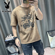 花花公子（PLAYBOY）2025夏裝新款美式印花寬松短袖T恤男休閑體恤半袖圓領(lǐng)上衣 SJH卡其A332 2XL
