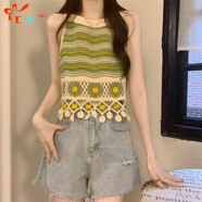 CS.LION鏤空條紋流蘇吊帶背心女夏季無(wú)袖外穿坎肩民族風(fēng)波西米亞jazz上衣 綠色  L 110-120斤