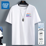 真維斯（Jeanswest）冰絲t恤男短袖夏季冰感運動(dòng)速干衣服青年男士絲光棉寬松大碼半袖  白色（色塊字胸標） L (175) (收藏加購優(yōu)先發(fā))