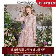 flowerscoming花兒開了冬季新款法式復(fù)古網(wǎng)紗刺繡連衣裙女高腰顯瘦長(zhǎng)袖公主裙子 粉紫色 S